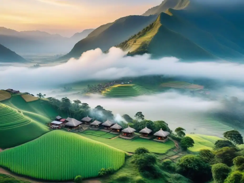 Una aldea indígena única en un paisaje verde al amanecer