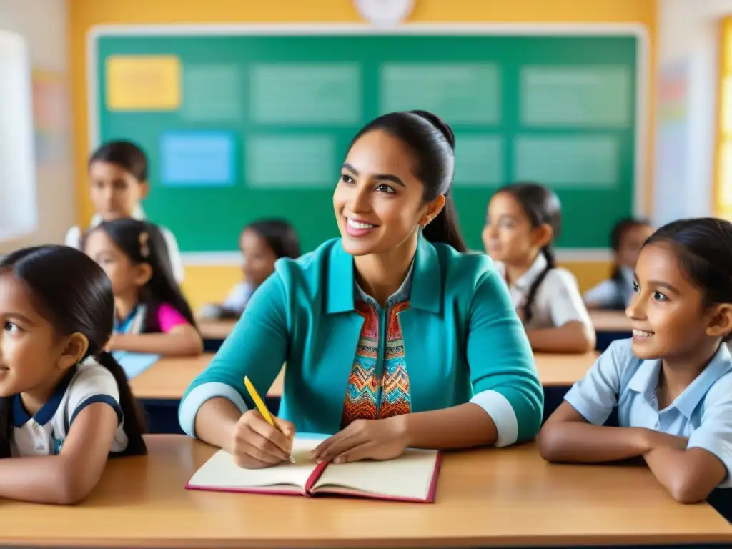 Una alegre clase de educación bilingüe en América Latina, con estudiantes participando activamente en actividades lingüísticas