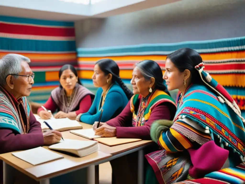 Un alegre curso de introducción al quechua con participantes diversos aprendiendo y compartiendo en un aula andina colorida