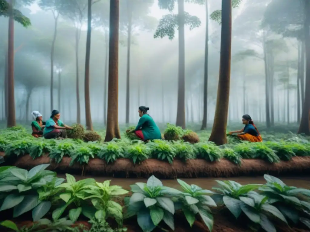 Alianzas ONGs comunidades indígenas sustentables: Colaboración y armonía plantando árboles en un bosque verde