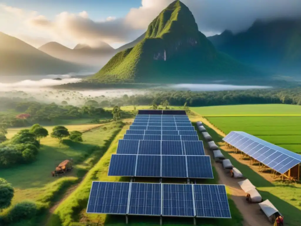 Alianzas energías renovables comunidades indígenas: Comunidad indígena vibrante se reúne alrededor de paneles solares con expertos en un paisaje verde