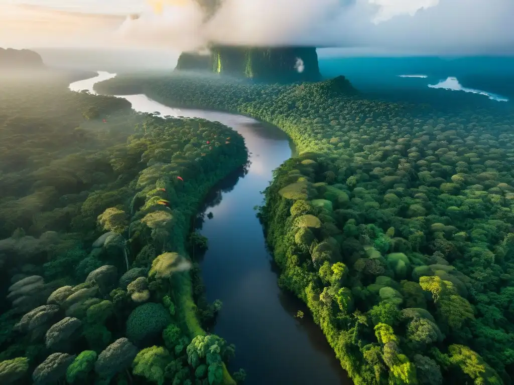 Alimentos indígenas puros tiendas online: Amanecer mágico en la selva amazónica con guacamayos volando sobre el río cristalino