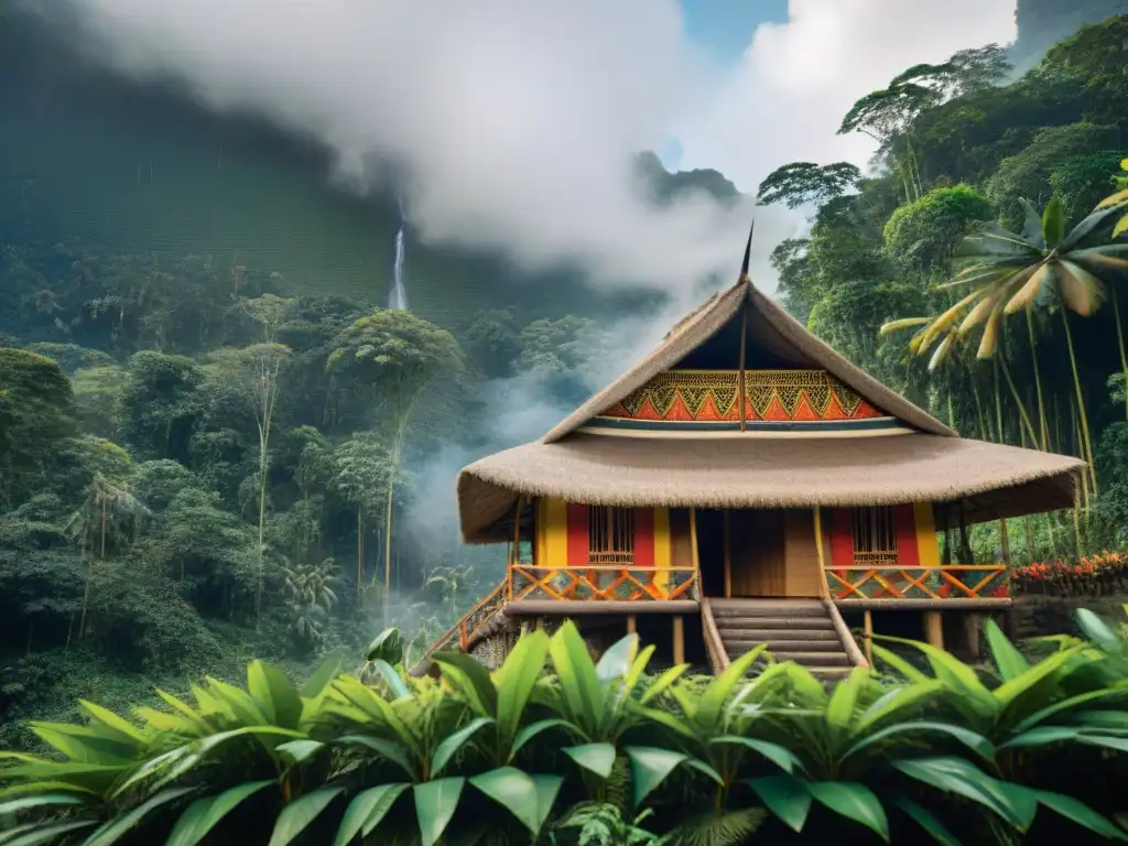 Un alojamiento único de comunidades indígenas: una cabaña tradicional tejida con materiales naturales en la selva vibrante