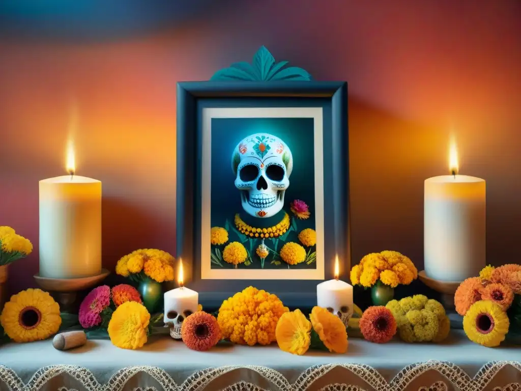 Un altar detallado para la Ceremonia Día de Muertos Indígena, con flores, velas, calaveras de azúcar, papel picado y elementos simbólicos