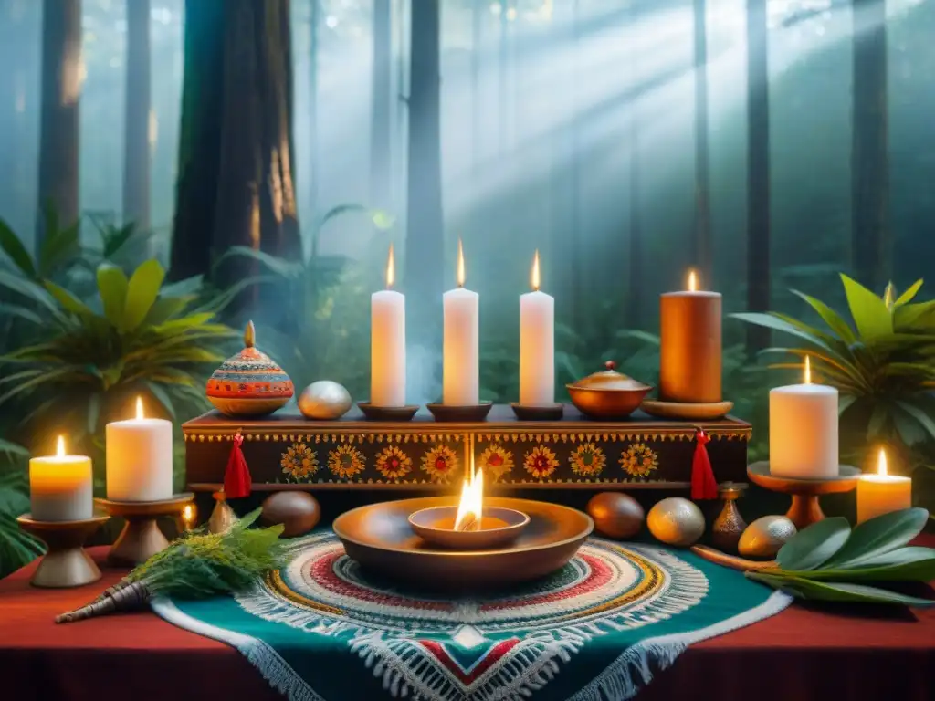 Un altar indígena detallado con textiles coloridos, hierbas aromáticas, plumas y conchas, velas iluminando, en un bosque místico