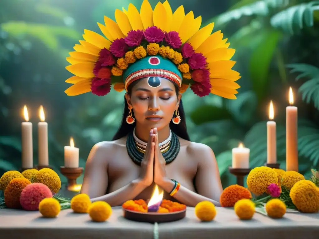 Un altar indígena con ofrendas sagradas en la selva, chamán invoca espíritus