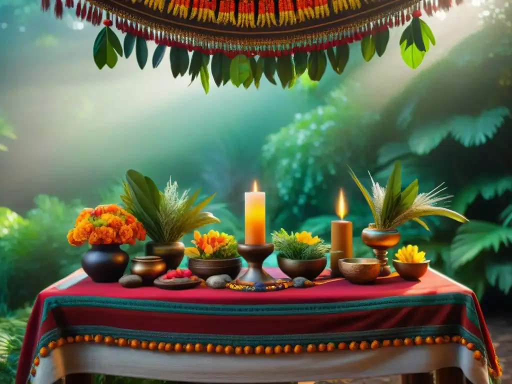 Un altar indígena con simbolismo en ofrendas indígenas, decorado con plumas, flores y hierbas, en un entorno natural y místico