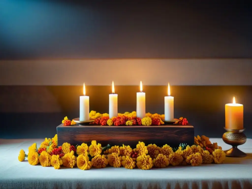 Un altar indígena tradicional adornado con flores de cempasúchil, velas, copal e textiles, simbolizando el vínculo entre lo terrenal y lo espiritual