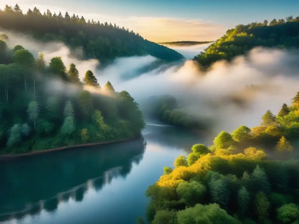 Un amanecer impresionante sobre un bosque exuberante con un río sereno, reflejando los rituales de ayuno en la naturaleza