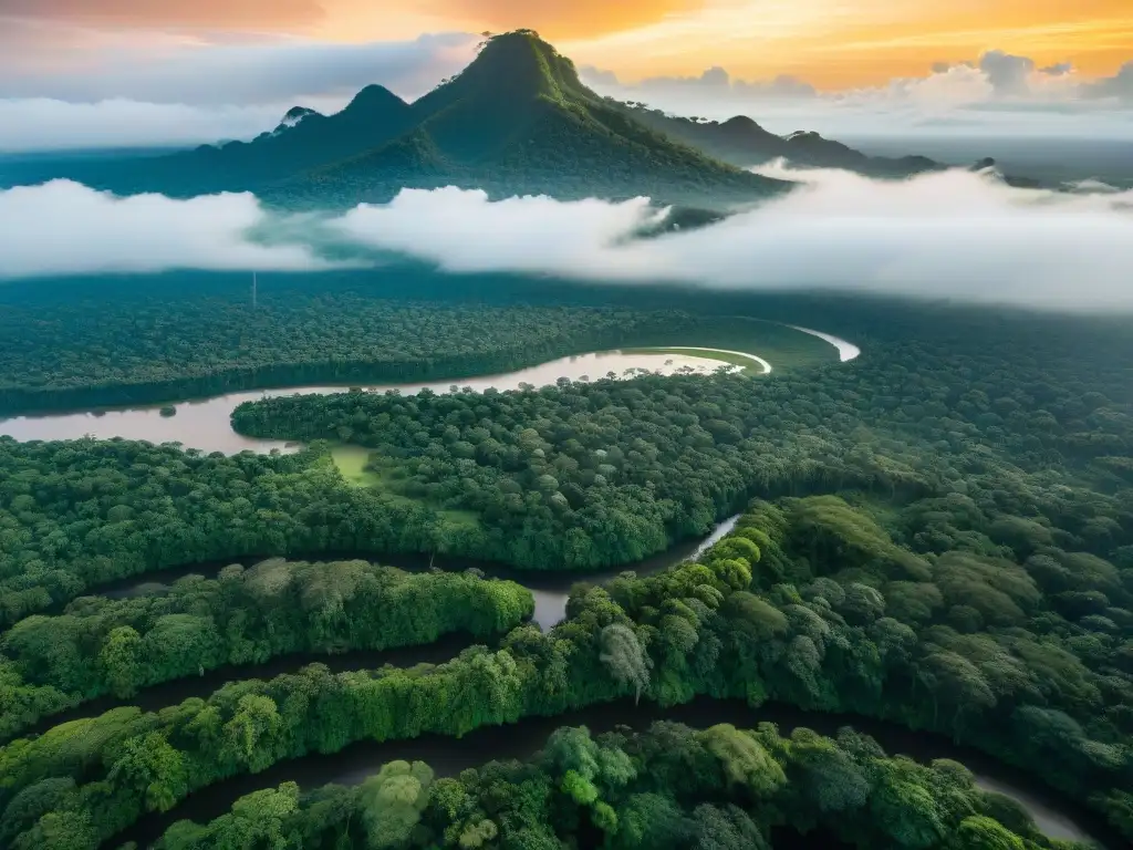 Un amanecer impresionante sobre la extensa selva amazónica, con un río serpenteante y una aldea indígena