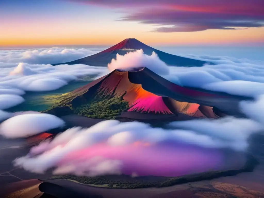 Un amanecer impresionante en Mauna Kea, cumbre nevada rodeada de nubes al amanecer con tonos rosados, violetas y anaranjados