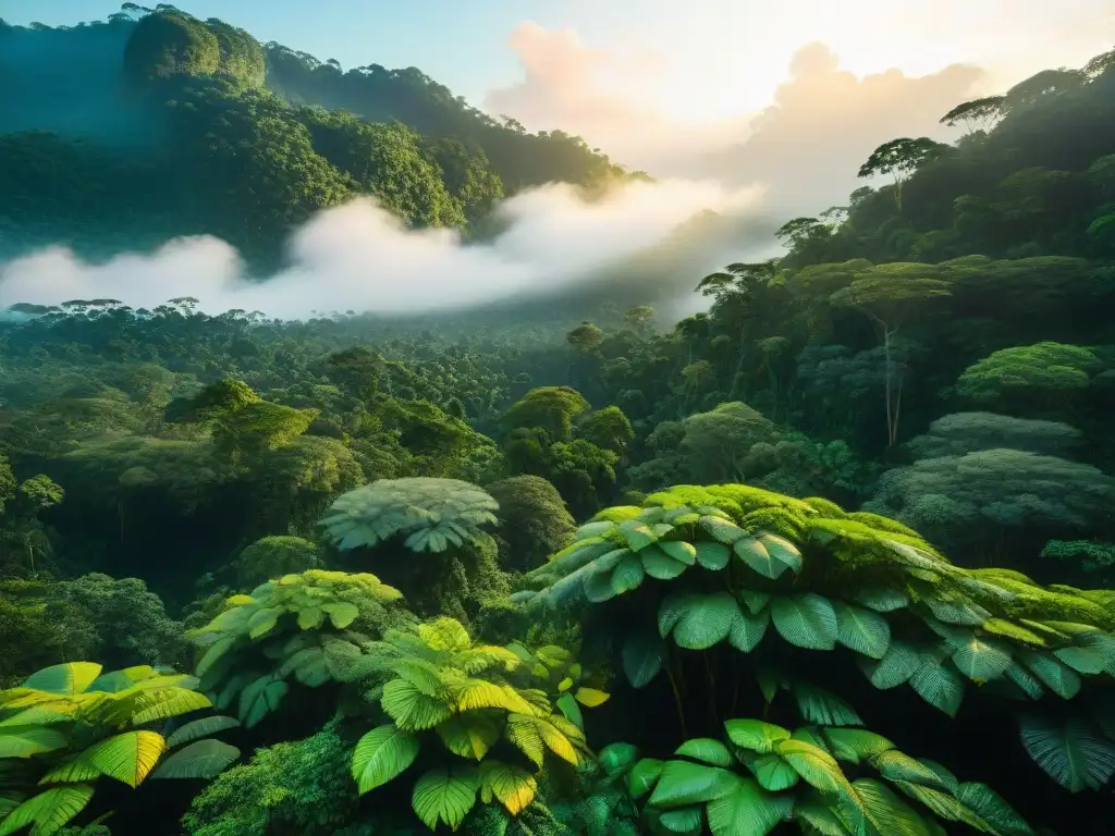 Un amanecer mágico en la exuberante selva amazónica con sacha inchi, destacando los Beneficios del Sacha Inchi