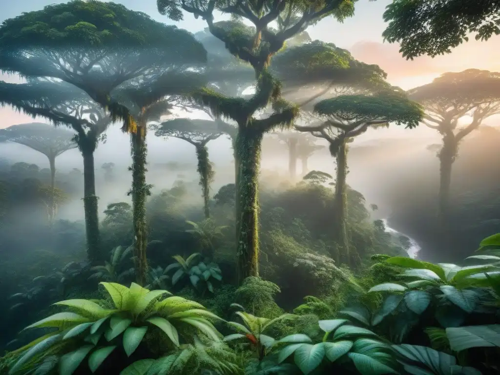 Un amanecer mágico en la exuberante selva amazónica, con plantas sagradas en culturas indígenas