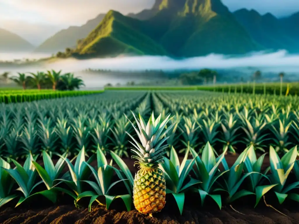 Un amanecer mágico en una plantación de piñas, con frutas doradas brillando