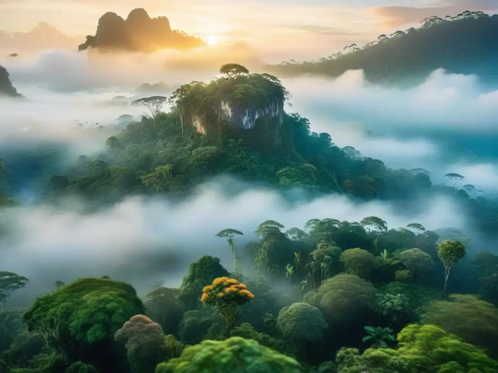 Un amanecer mágico en la selva del Amazonas, con la niebla revelando árboles antiguos, flores exóticas y aves coloridas