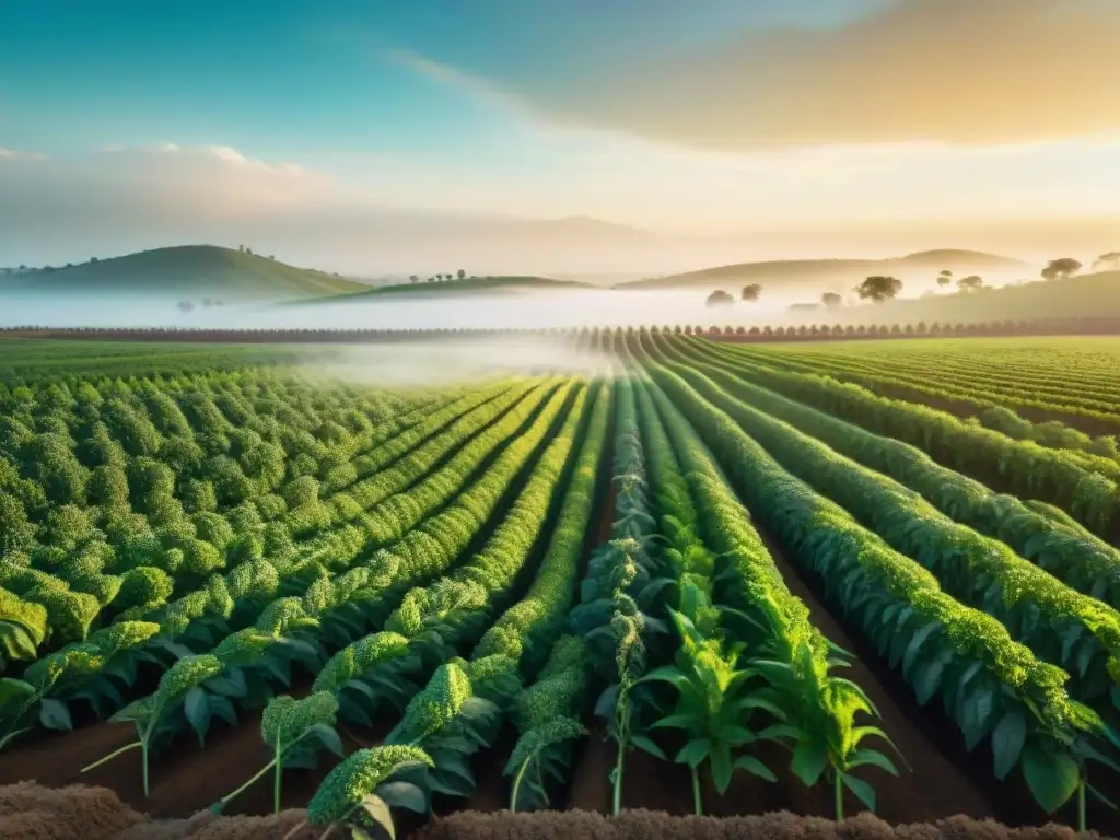 Un amanecer en una moderna quinoa farm, fusionando cultivo ancestral de quinua con tecnología avanzada