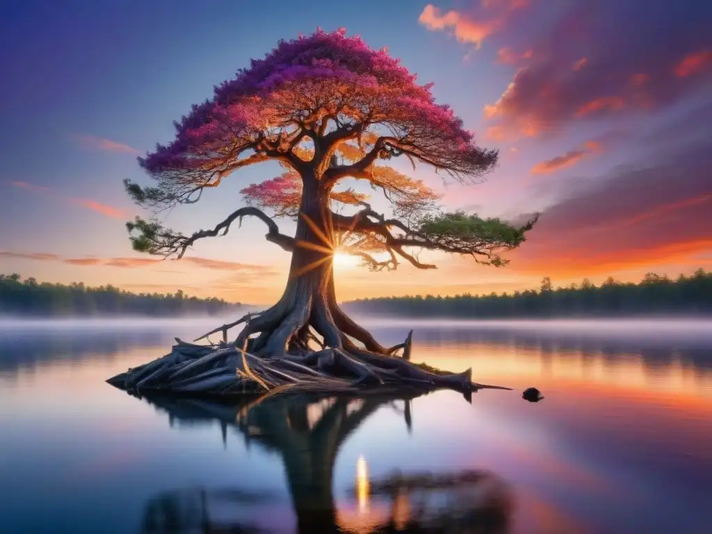 Un amanecer sereno sobre un lago, con un árbol antiguo reflejando la dualidad espiritual indígena en equilibrio