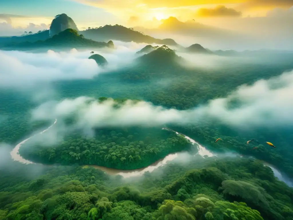 Un amanecer vibrante en la Amazonía, con una aldea indígena y aves coloridas