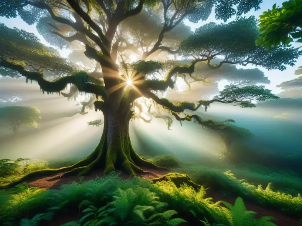 Un amanecer vibrante sobre un bosque neblinoso, con rayos de sol dorado entre los árboles y vida salvaje