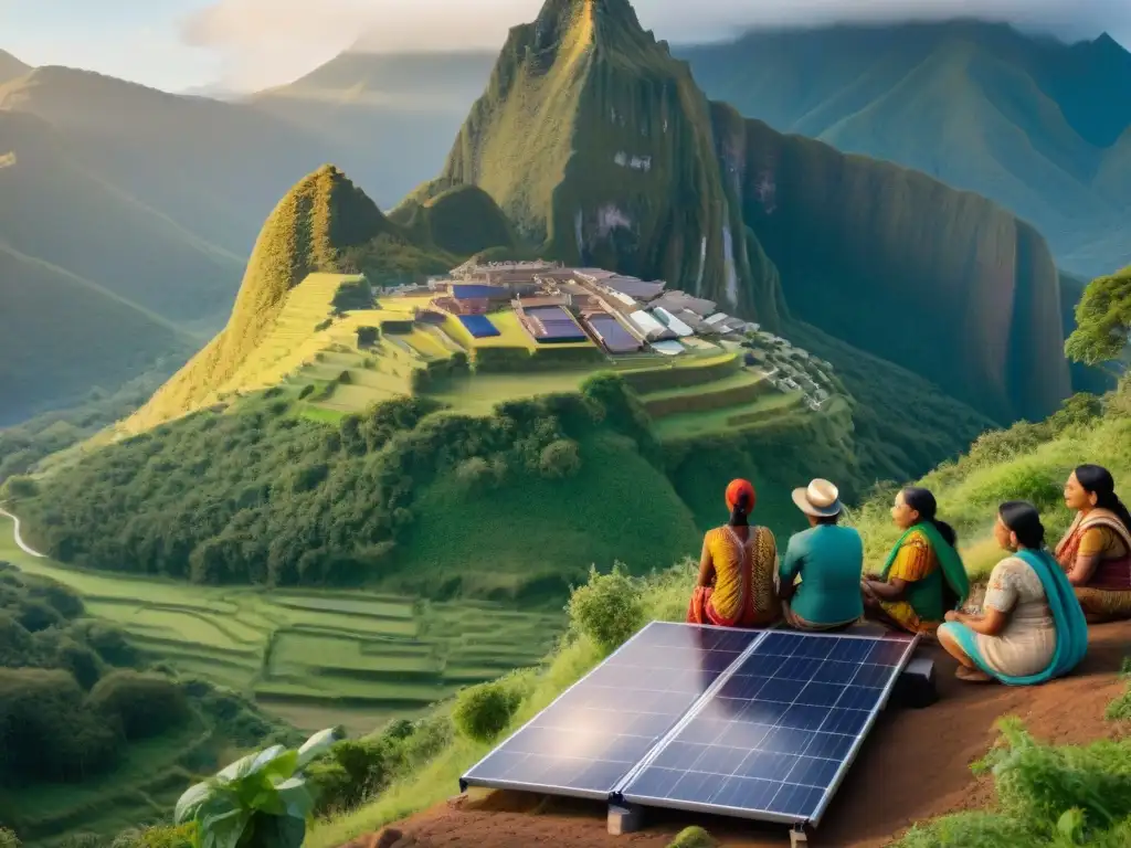 Amanecer renovador: comunidad indígena y energía solar Un amanecer vibrante sobre una comunidad indígena, dialogando con un técnico sobre energías renovables