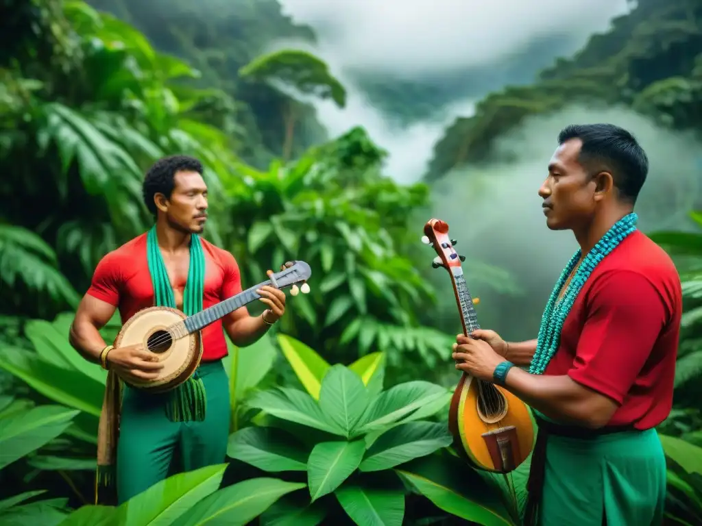 Música indígena del Amazonas: Grupo de músicos tocando instrumentos tradicionales bajo el dosel del exuberante bosque tropical