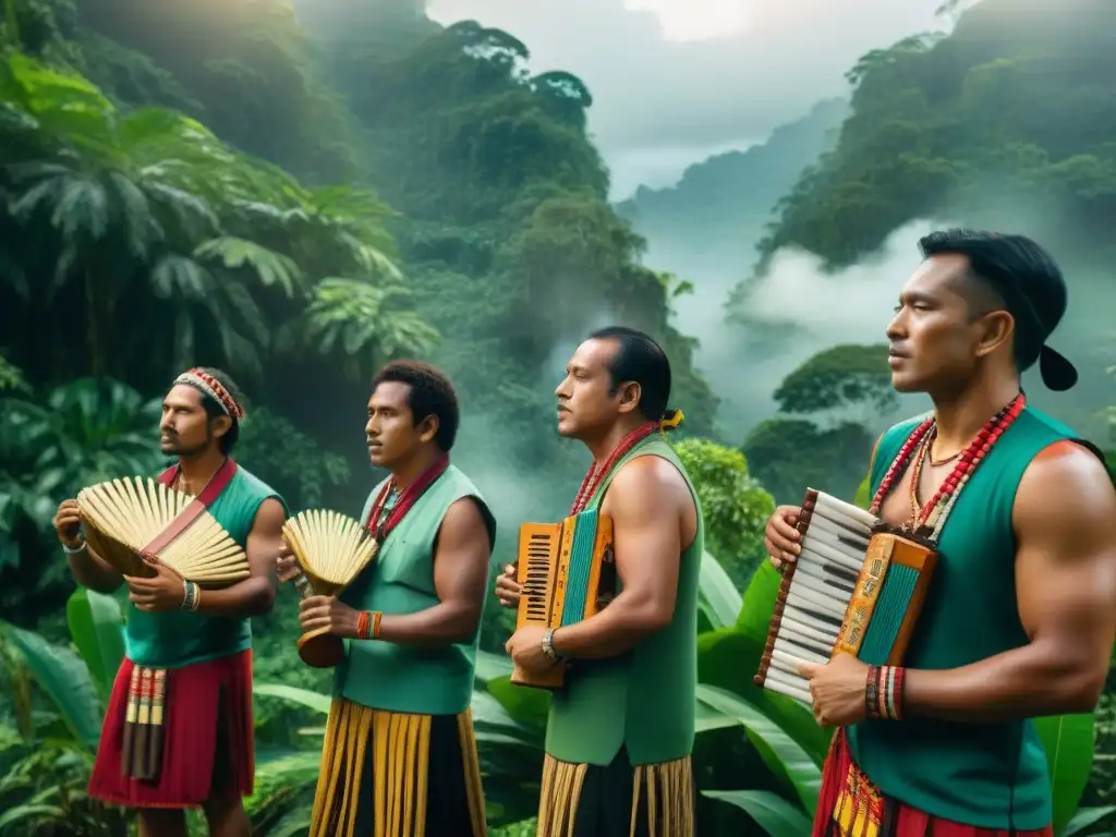 Música indígena del Amazonas: Grupo de músicos nativos tocando instrumentos tradicionales en la selva exuberante