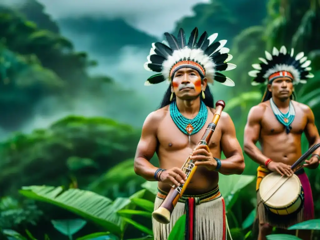 Música indígena del Amazonas: Grupo de músicos rodeados de exuberante naturaleza, tocando instrumentos tradicionales