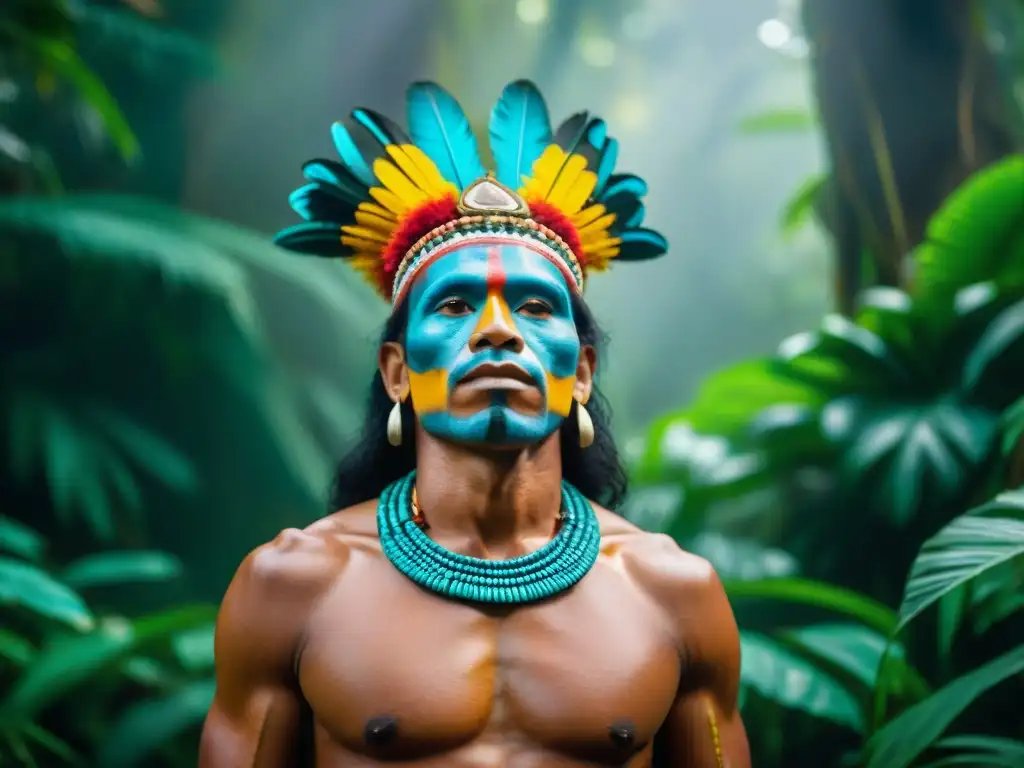 Un chamán amazónico realiza una ceremonia espiritual en la selva, rodeado de participantes en un retiro espiritual culturas indígenas