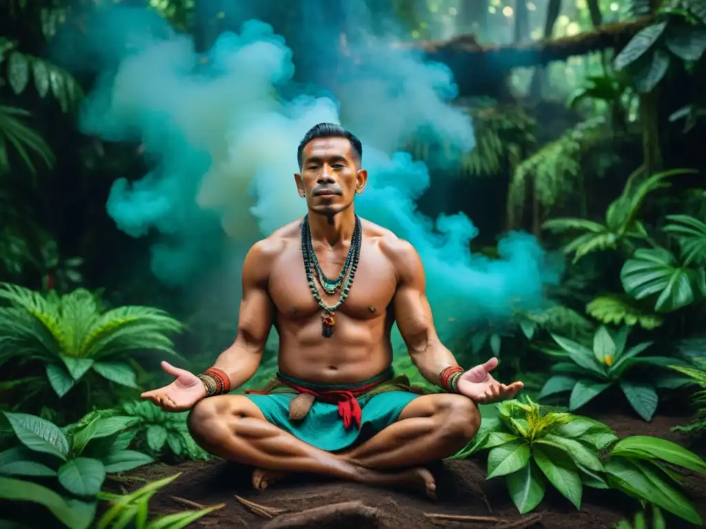 Un chamán amazónico realiza una ceremonia de sanación rodeado de plantas medicinales y símbolos místicos en la exuberante selva