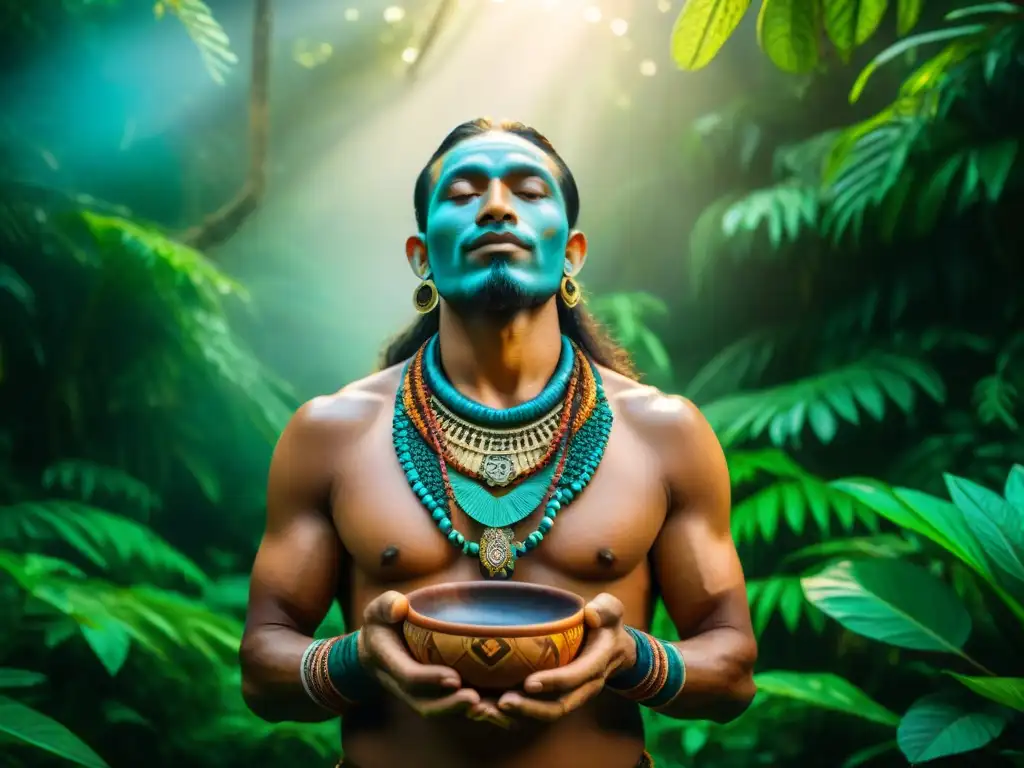 Shamán amazónico con cuenco de ayahuasca en bosque, enigma de rituales ancestrales de ayahuasca Amazonía