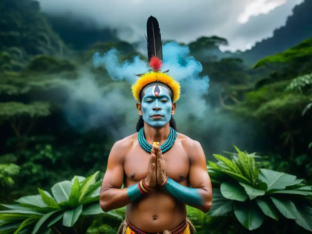 Un chamán amazónico conectando con la flora y fauna en un ritual sagrado