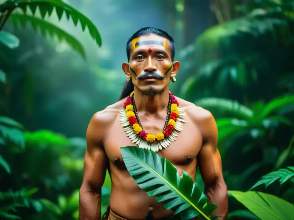 Un chamán amazónico conectando con la flora, fauna y cosmovisión en ritual sagrado