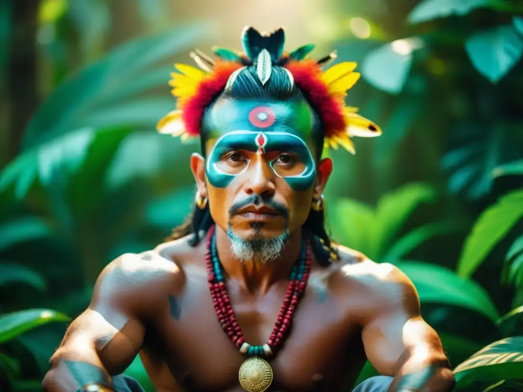 Chamán amazónico en ritual: sabiduría ancestral en la selva Un chamán amazónico en profunda concentración realiza un ritual sagrado bajo el dosel de la selva, rodeado de exóticas aves y vegetación vibrante