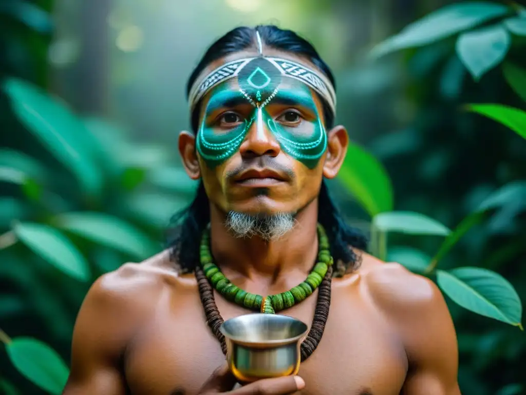 Shamán amazónico en ritual ancestral de ayahuasca, rodeado de exuberante vegetación, con patrones pintados en su rostro