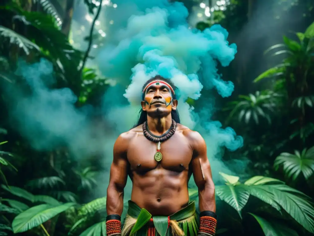 Chamán amazónico en ritual sagrado entre la exuberante selva Un chamán amazónico en un ritual rodeado de exuberante naturaleza