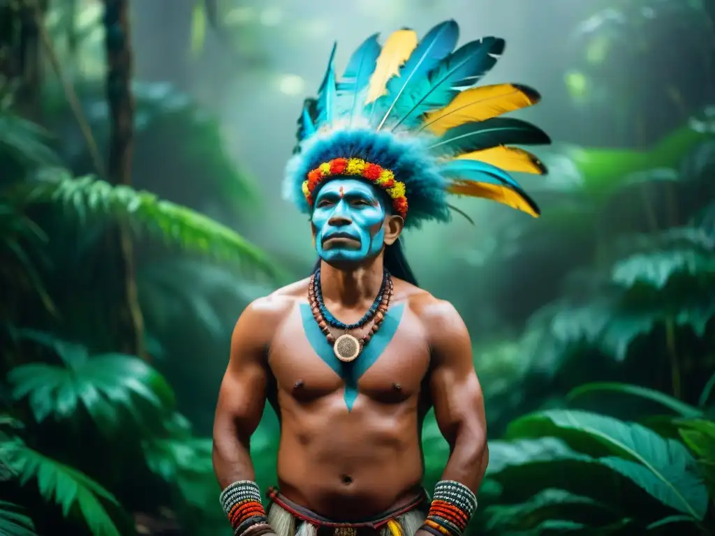 Chamán amazónico en ritual ancestral en la selva Un chamán amazónico realiza un ritual rodeado de naturaleza, en conexión con la cosmovisión y filosofía indígena de las Américas