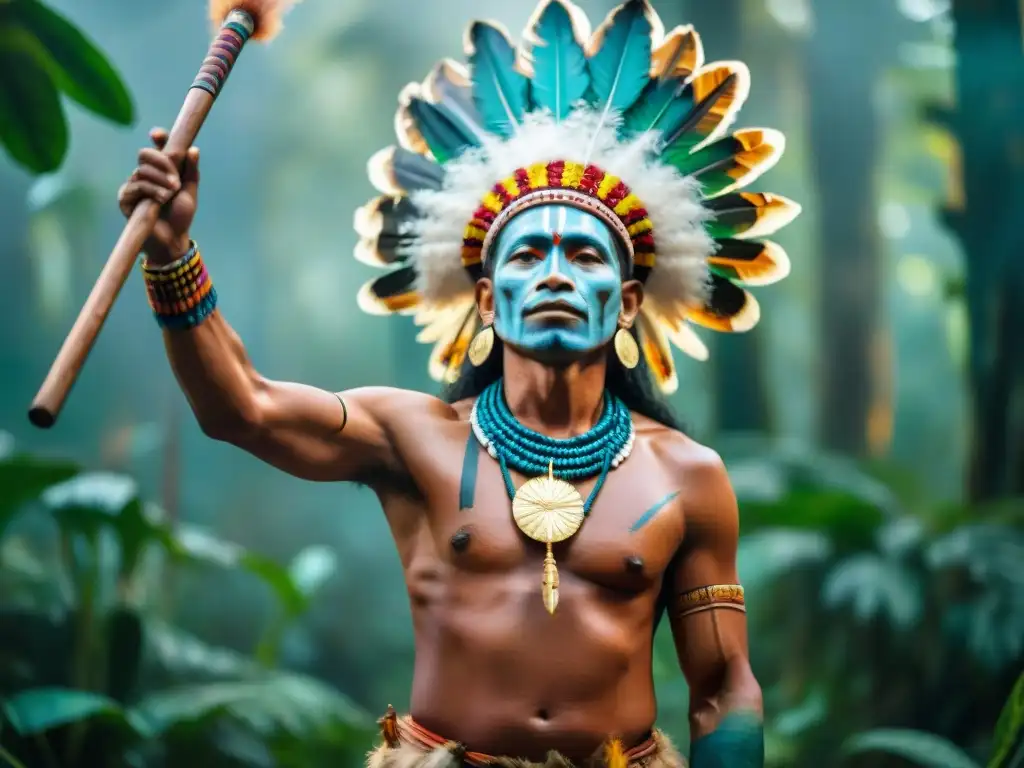 Un chamán amazónico realiza un ritual en la selva, rodeado de vegetación exuberante