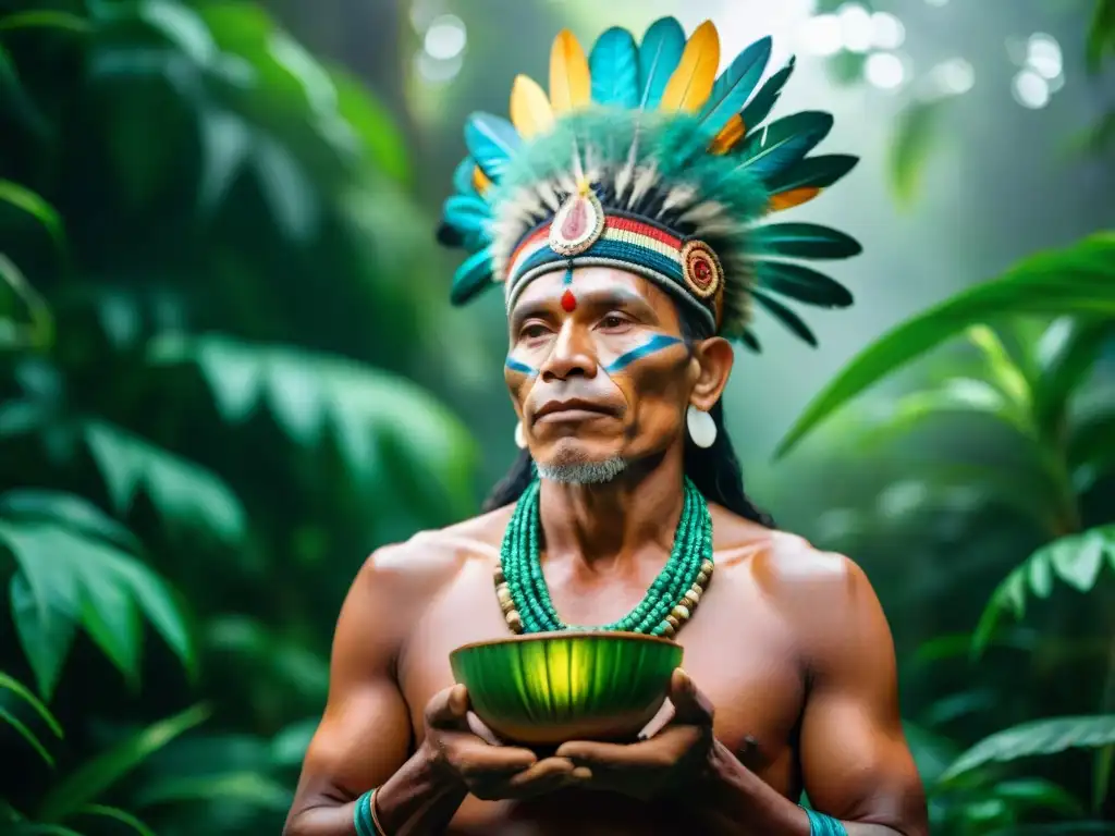 Chamán amazónico en la selva con uso tradicional plantas sagradas, plumas y luz del sol entre la frondosa vegetación