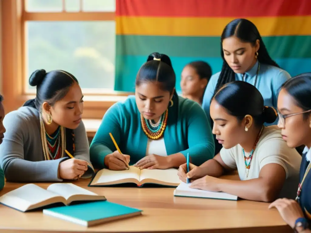 Un ambiente de aprendizaje inclusivo con estudiantes indígenas colaborando en proyectos escolares sobre derechos indígenas