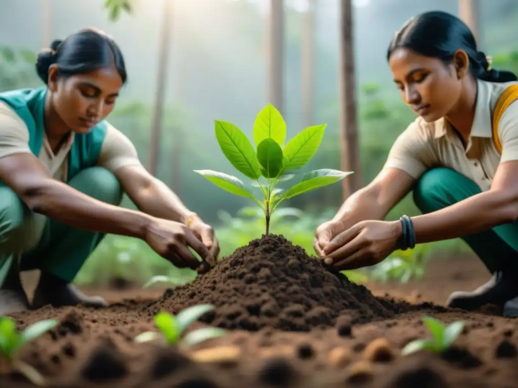 Reforestación indígena y medio ambiente: Comunidad plantando árboles en selva frondosa, unidos por la esperanza