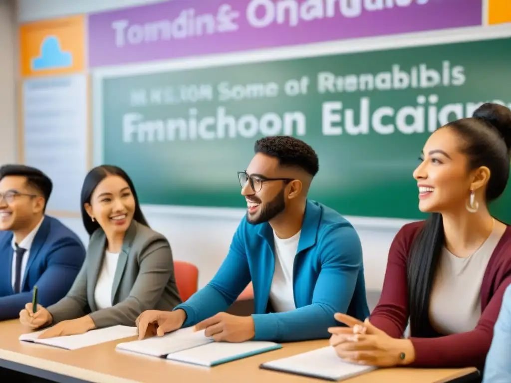 Un ambiente educativo bilingüe exitoso se refleja en una animada discusión entre estudiantes diversos en un aula moderna y luminosa