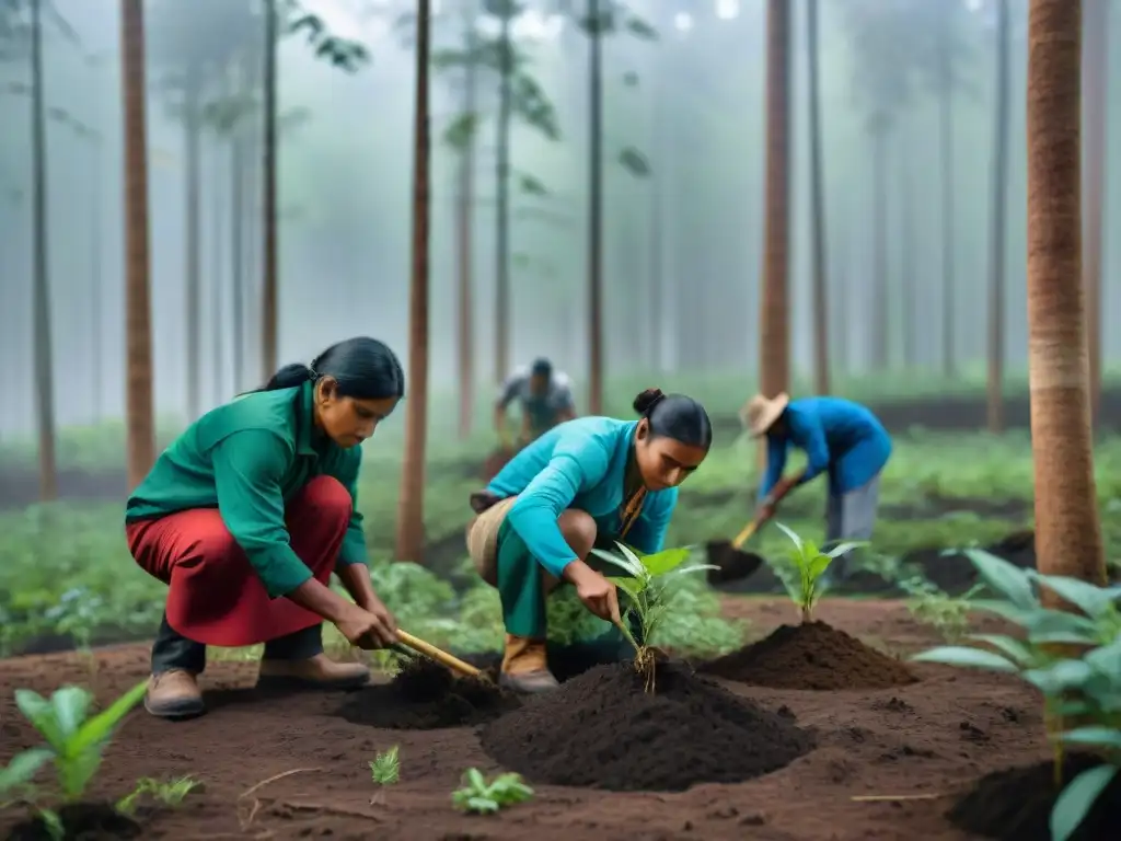 Reforestación indígena y medio ambiente: Indígenas plantando árboles en bosque denso