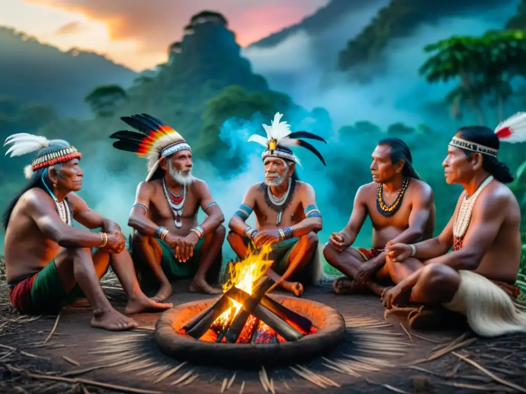 Conexión ancestral: ancianos indígenas comparten historias alrededor del fuego en la Amazonía