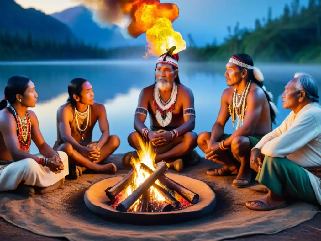 Conversación ancestral de líderes indígenas alrededor del fuego bajo el cielo estrellado