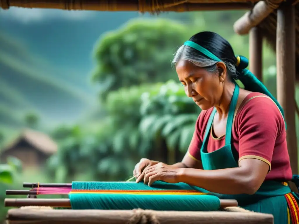 Teje con maestría ancestral en un paisaje exuberante, preservación tecnología textiles indígenas