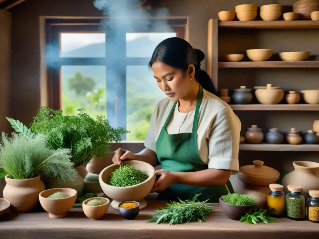 Un rincón ancestral: plantas medicinales en estantes de madera, sanador preparando remedio en cocina indígena