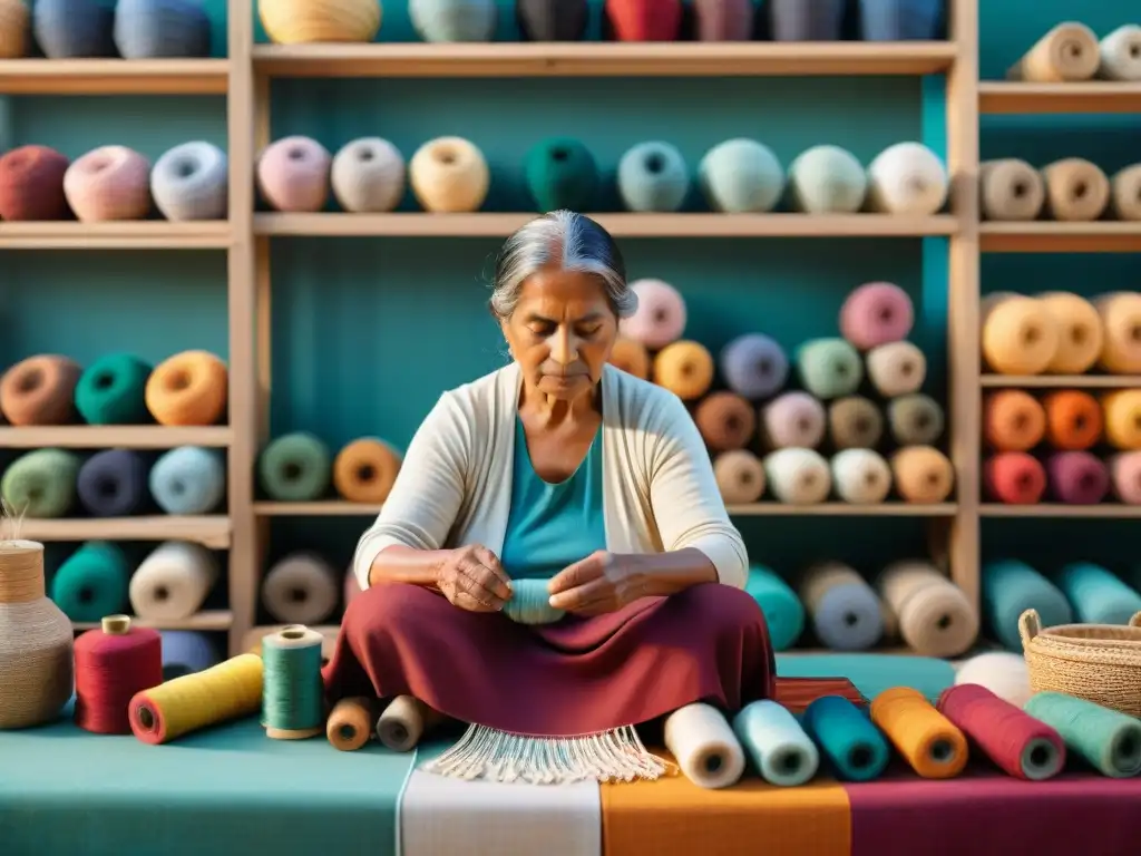 Una anciana artesana indígena bordando un atuendo tradicional con significado para danzas indígenas, rodeada de textiles vibrantes