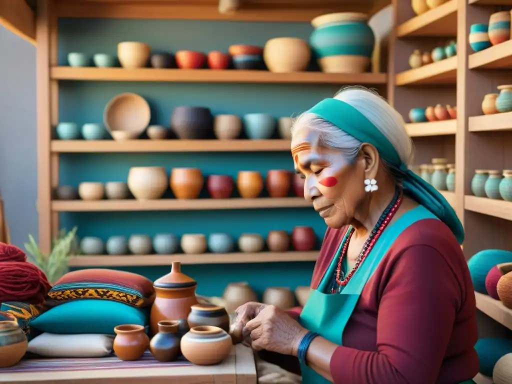 Una anciana artesana indígena teje una colorida artesanía en un mercado vibrante