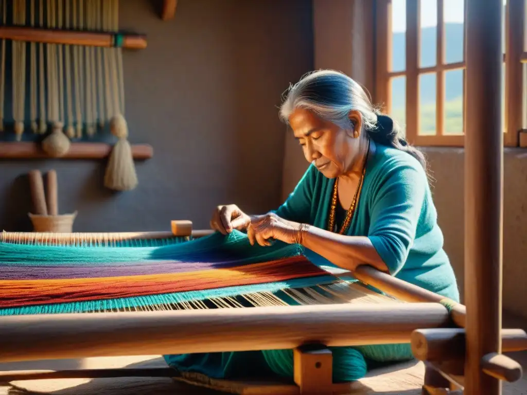 Una anciana artesana indígena tejiendo con destreza en un telar de madera, rodeada de hilos de colores brillantes