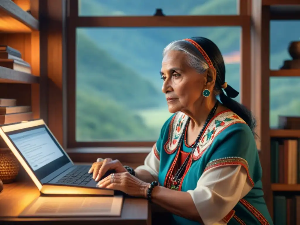 Anciana Cherokee en cabaña iluminada por pantalla de ordenador, fusionando cultura indígena con tecnología